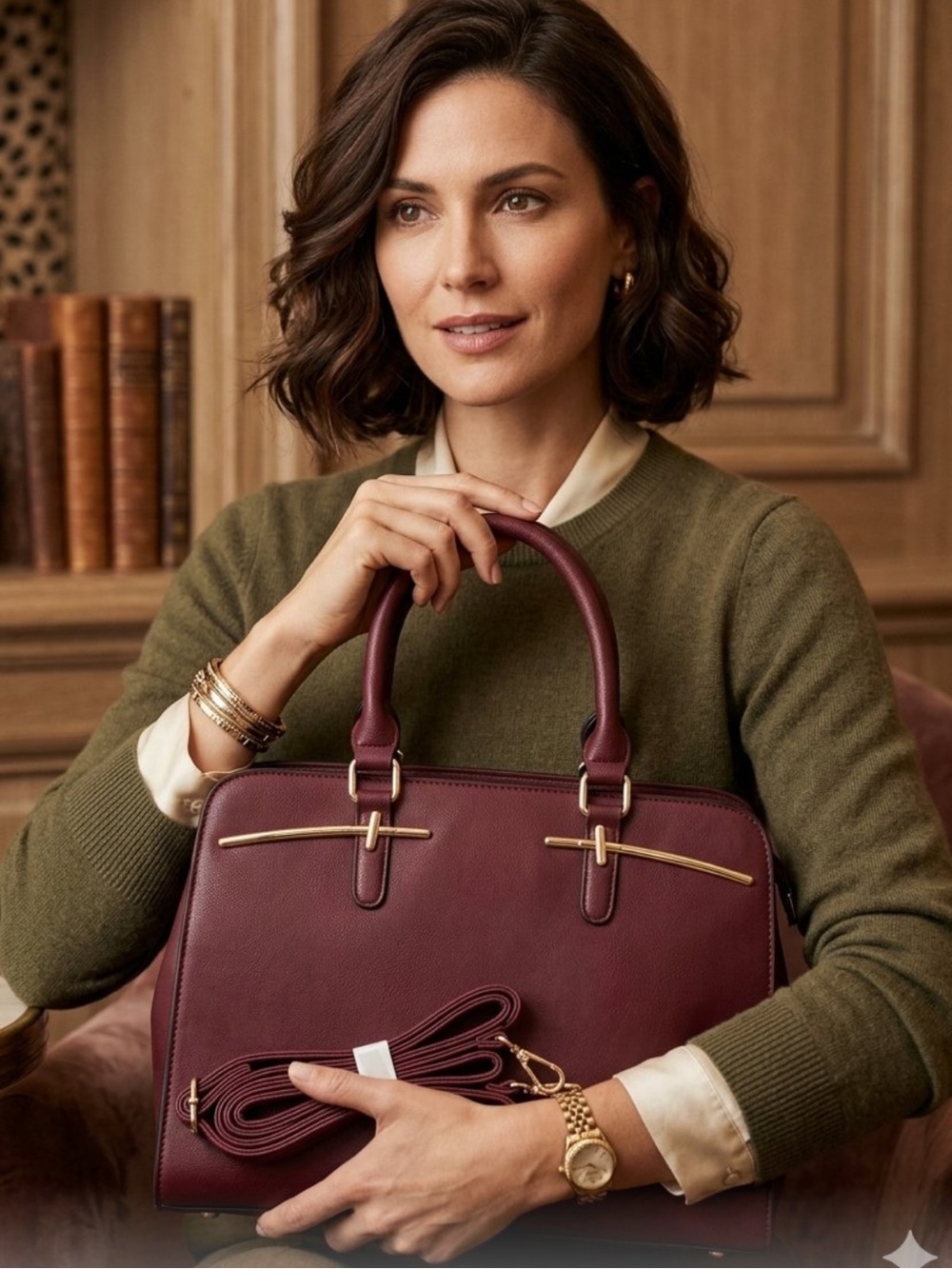 Structured Burgundy Satchel with Gold Hardware Vegan Leather